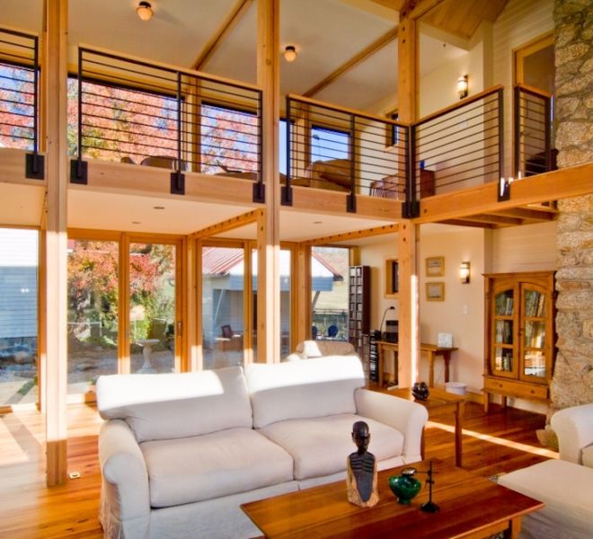 Glass Room On Log House interior open space living area