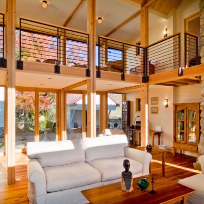 Glass Room On Log House interior open space living area