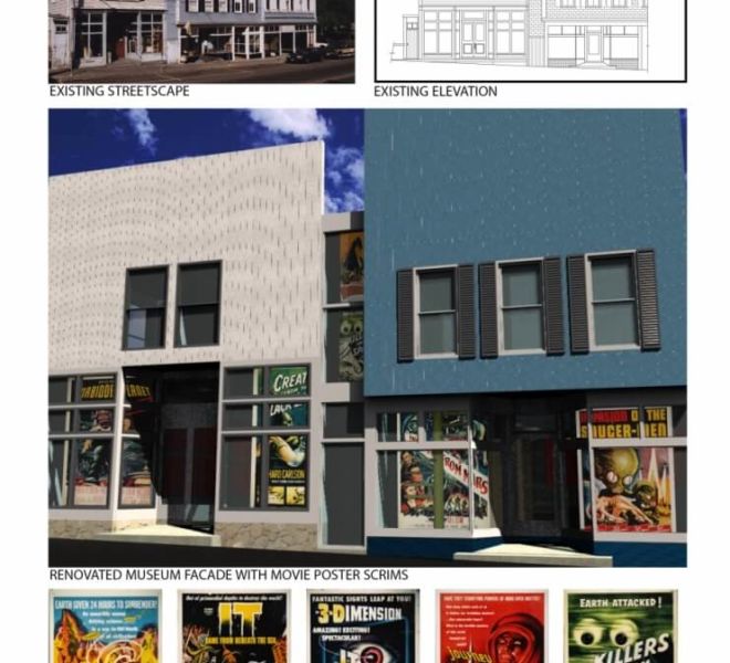 Alien Invasion existing streetscape and elevation with mockups and posters
