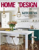 A modern kitchen with marble countertops, pendant lights, bar stools, and fresh flowers, featured on Home & Design magazine cover promoting dazzling kitchen ideas.