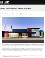 A modern educational building, the Emil + Grace Shihadeh Innovation Center, features sleek architecture, glass elements, and prominent signage against a twilight sky.