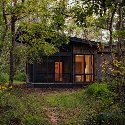 A secluded, modern cabin with warm lighting nestled in a lush, green forest, surrounded by trees and yellow wildflowers.